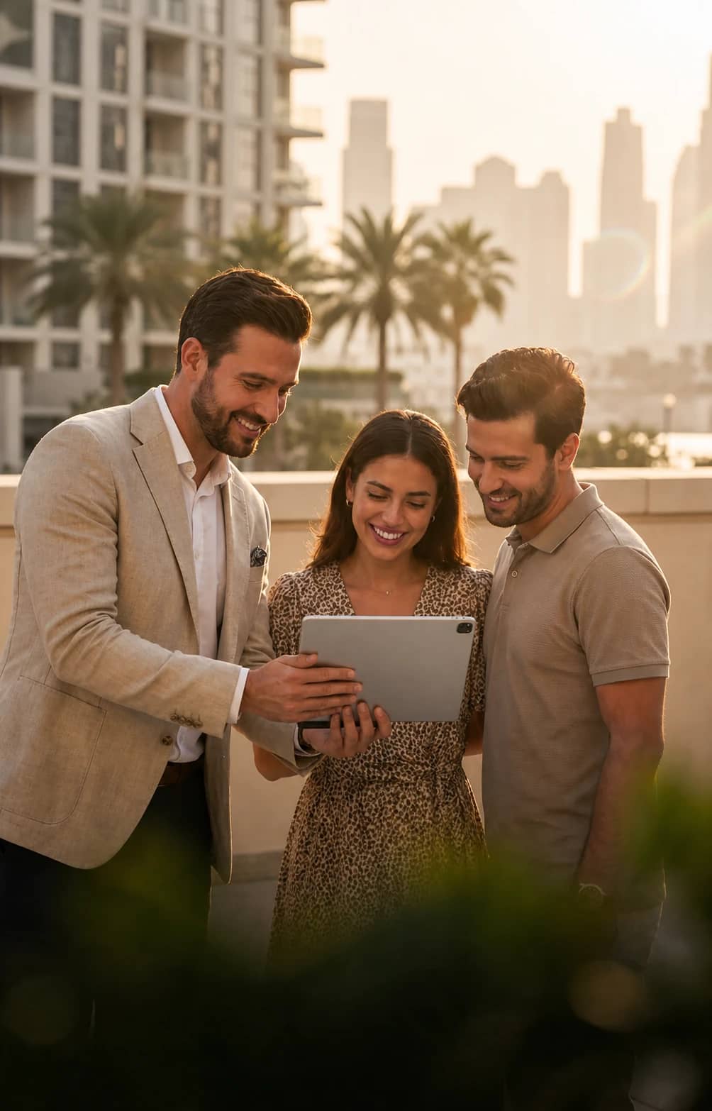 A Dubai broker showing a couple homes on a tablet at golden hour